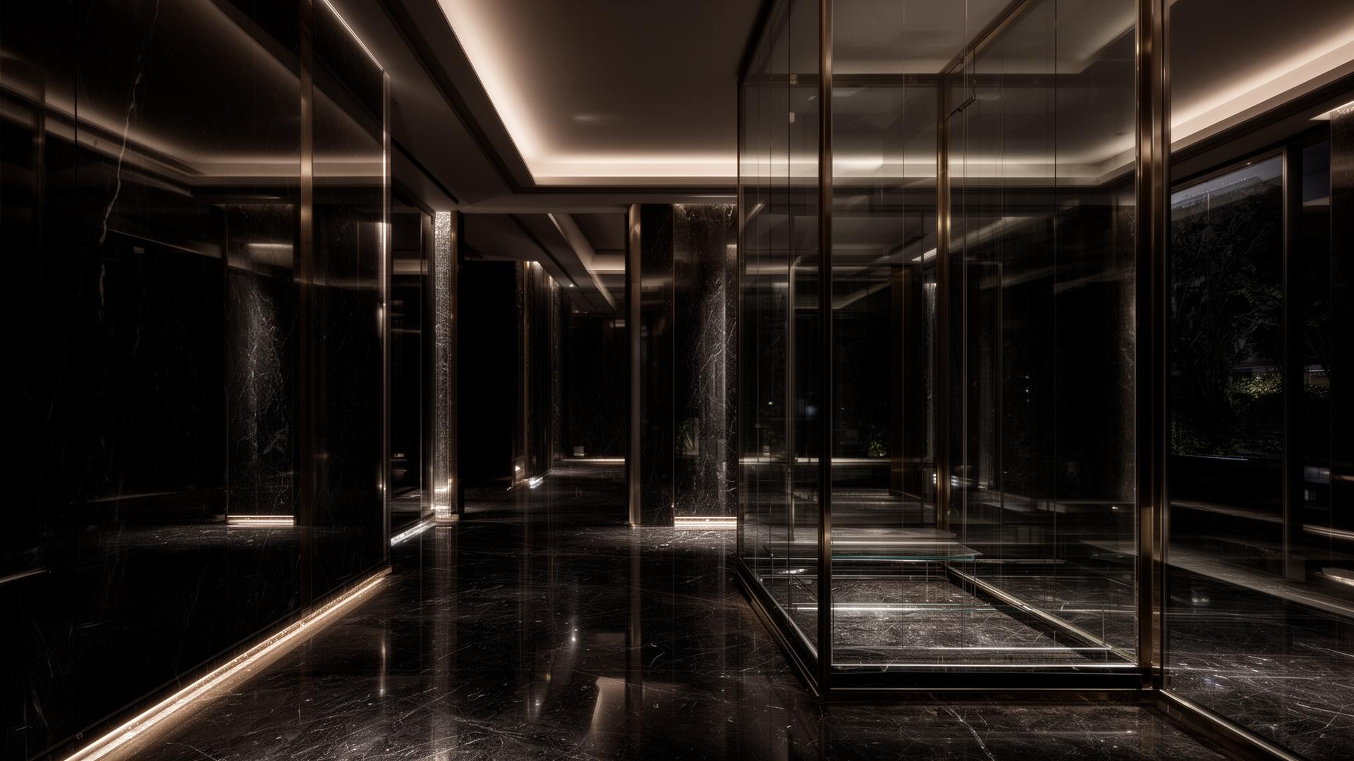 Dramatic luxury architectural interior with reflections and dark glass