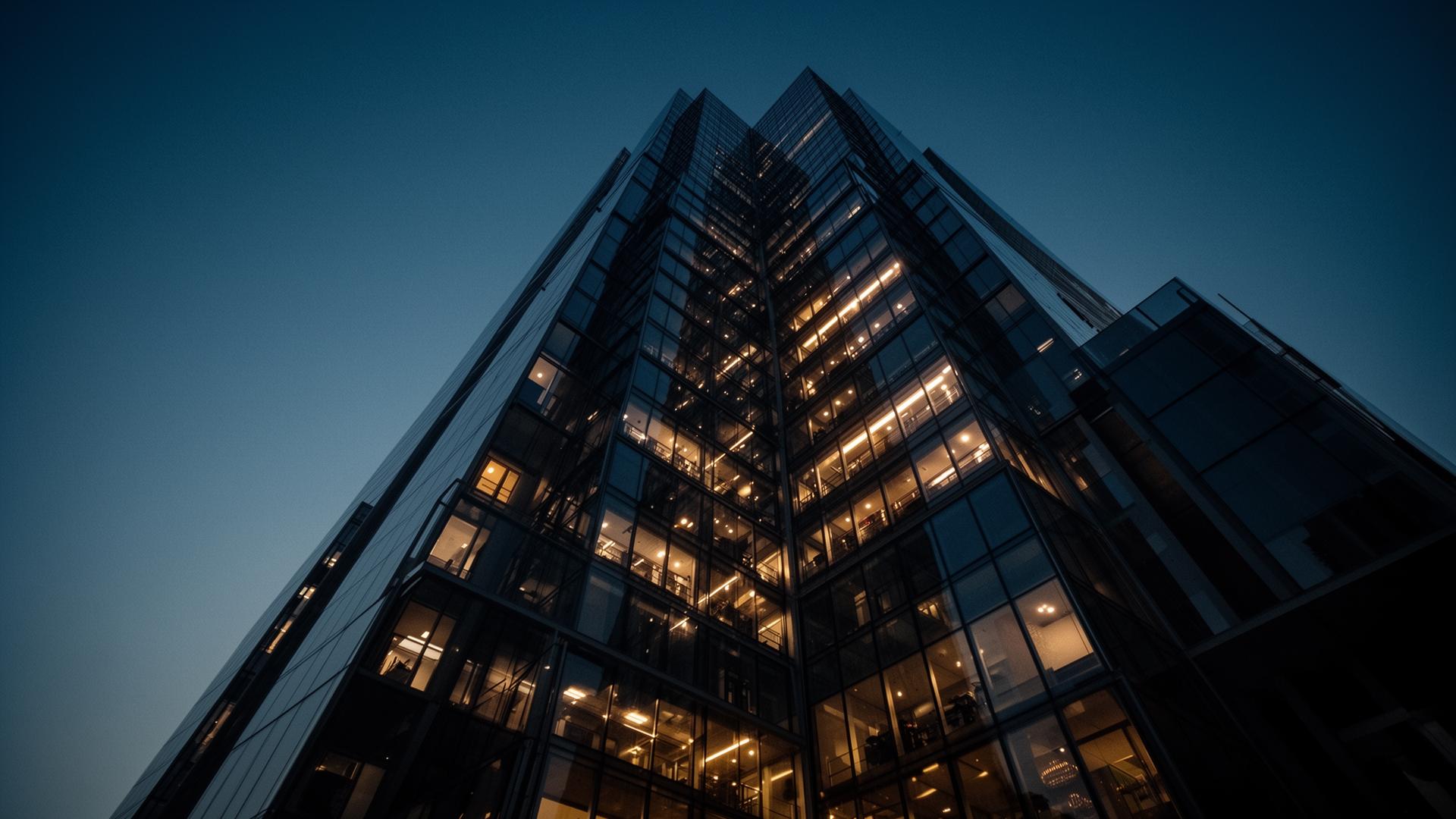Cinematic photograph of a premium glass tower at dusk