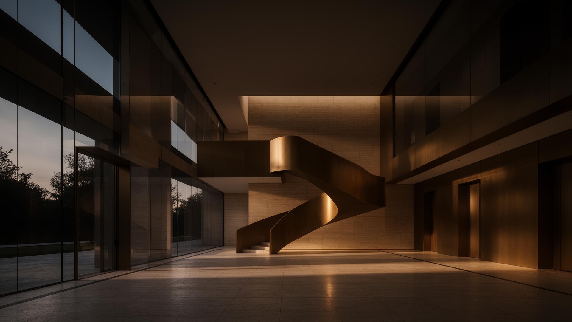 Cinematic luxury lobby interior at dusk